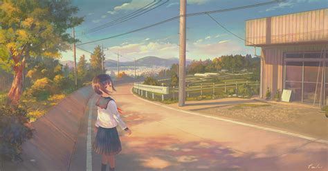 Wallpaper Anime Girls Landscape School Uniform Sky Clouds