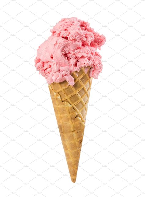 Strawberry Ice Cream In Waffle Cone Featuring Ice Cream And Creme