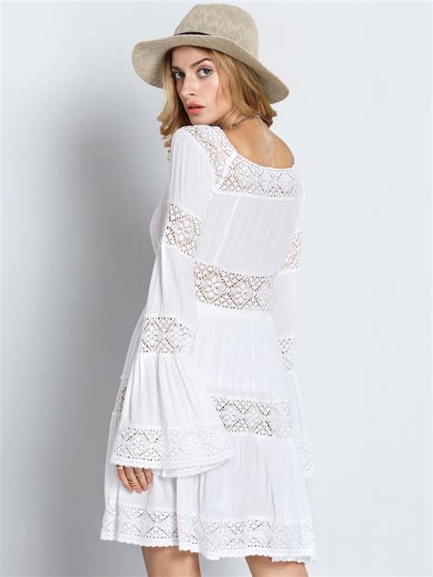 White Long Sleeve Boho Dress With Crochet Lace Makemechiccom White