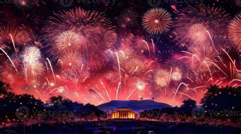 Spectacular fireworks display lighting up the night sky. US Memorial
