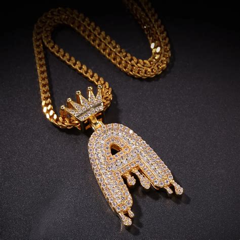 Trendy Iced Out Crown Letter Water Drip Pendant Gold Chain Necklace Men