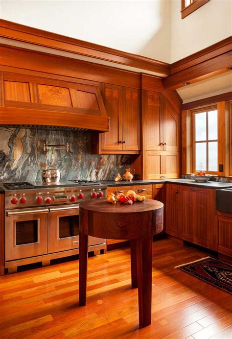 A Kitchen With Wooden Cabinets And An Island In Front Of The Stove