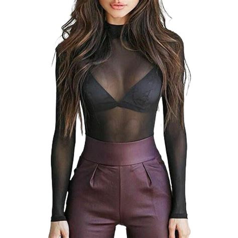 Women Sheer Mesh Fish Net Long Sleeve Turtle Neck See Crop Top T Shirt