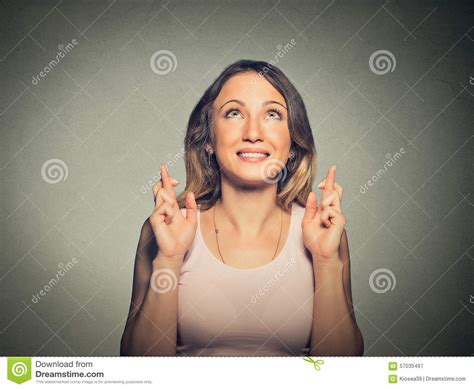 Hopeful Beautiful Woman Crossing Her Fingers Looking Up Hoping Stock Image Image Of Life