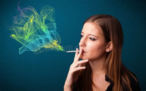 Pretty Lady Smoking Cigarette With Colorful Smoke Stock Photo Image