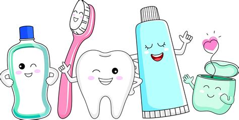 cute cartoon tooth character with mouthwash toothbrush toothpaste and dental floss dental