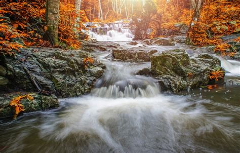 Wallpaper Autumn Forest Landscape River Rocks Waterfall Forest