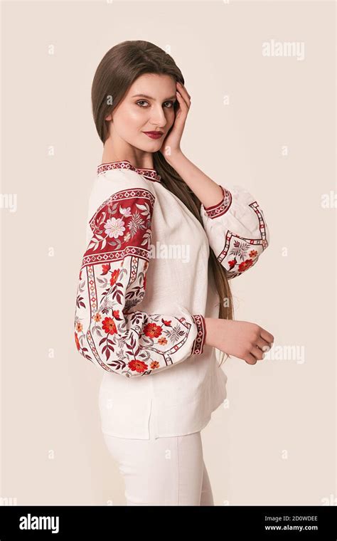Young Beautiful Brunette Girl Wearing Gorgeous Ethnic Style Embroidered Shirt Modern Derivative
