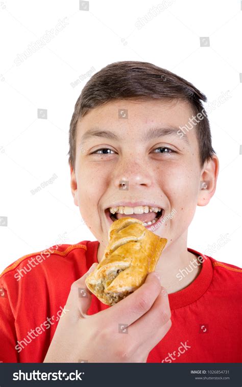 Young Caucasian Teenage Boy Eating Sausage Stock Photo 1026854731