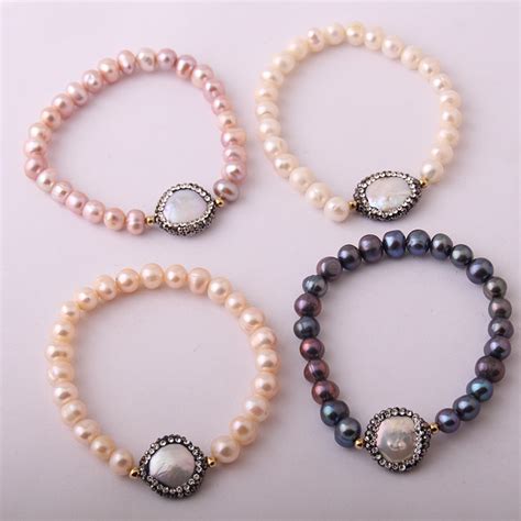 Fashion Freshwater Pearl Strand Bracelet With Crystal Pearl Charm