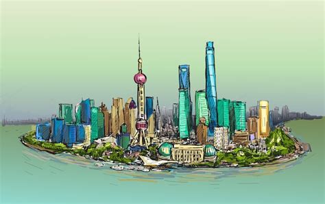 Premium Vector Sketch Cityscape Of Shanghai Skyline Free Hand Draw