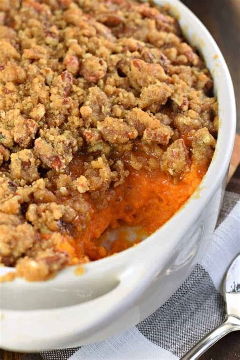 Sweet potatoes are parboiled and then baked with a sweet sauce of margarine, brown sugar, marshmallows, cinnamon and nutmeg. The Best Sweet Potato Casserole Recipe for Thanksgiving