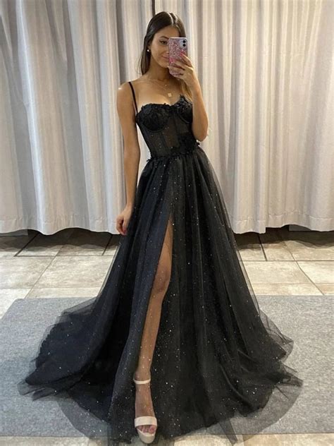 Black Glitter Tulle Prom Dress A Line Side Slit Wedding Etsy