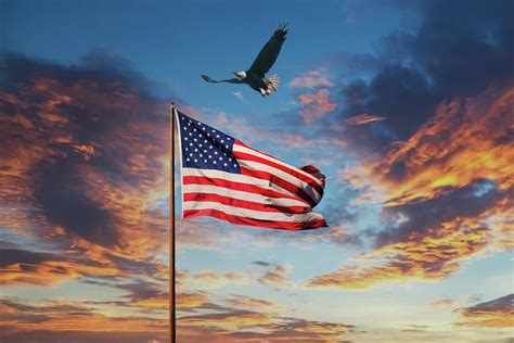American Flag On Old Flagpole At Sunset With Eagle Photograph By Darryl