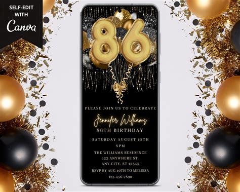86th Birthday Party Digital Invitation Electronic 86th Etsy