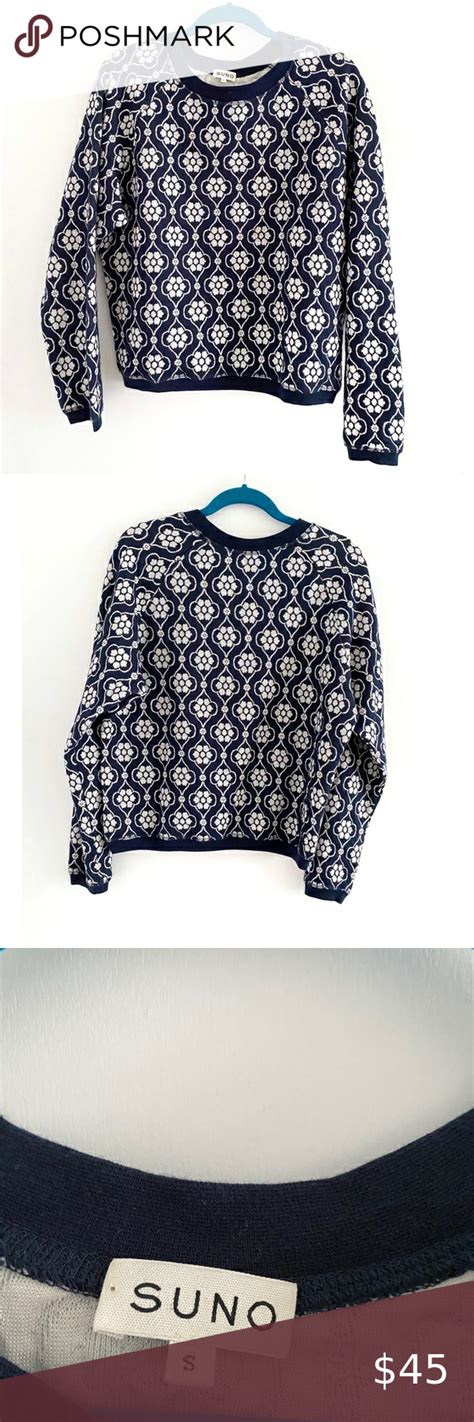 Suno Navy And White Patterned Pullover Floral Knit Top Navy And