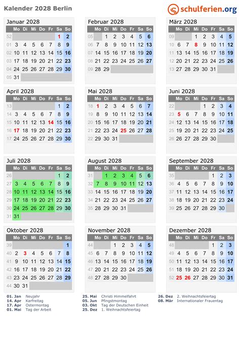 Kalender 2028 Ferien Berlin Feiertage