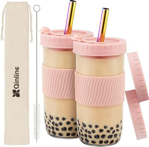 Buy Reusable Boba Cup Bubble Tea Cup 2 Pack 24oz Wide Mouth Smoothie