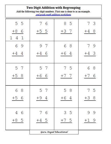 2 digit addition with regrouping 2nd grade worksheets