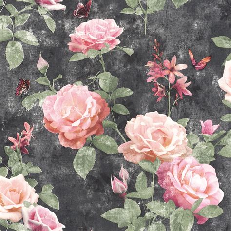 Rasch Portfolio Vintage Rose Wallpaper Pink Charcoal 215014 Flowers