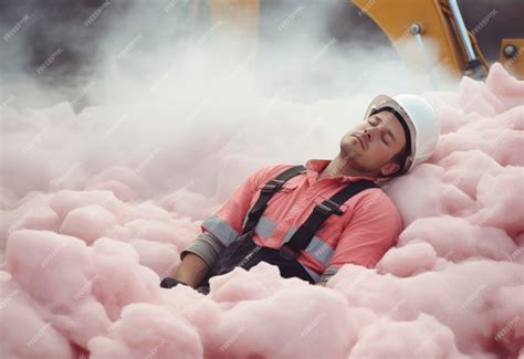 Premium Ai Image Construction Worker Sleeping On Coton Candy Clouds