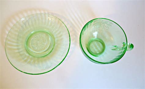 Green Depression Glass Fruits Cup Saucer Hazel Atlas Etsy