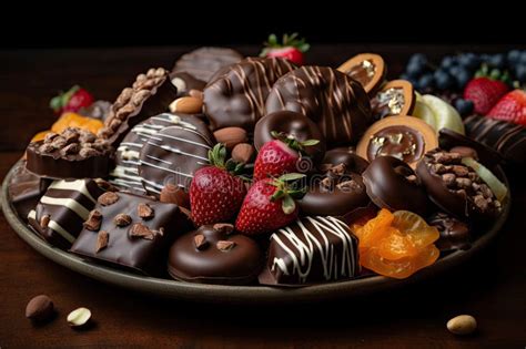 Selection Of Fruits And Nuts Dipped In Chocolate Piled High On Platter