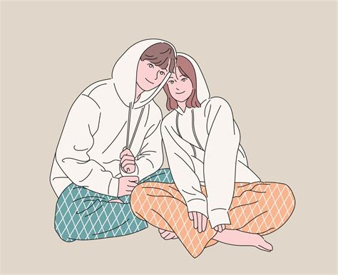 Couples In Pajamas Are Sitting Affectionately Hand Drawn Style Vector