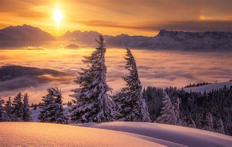 Wallpaper Winter Clouds Snow Trees Sunset Mountains Austria Ate
