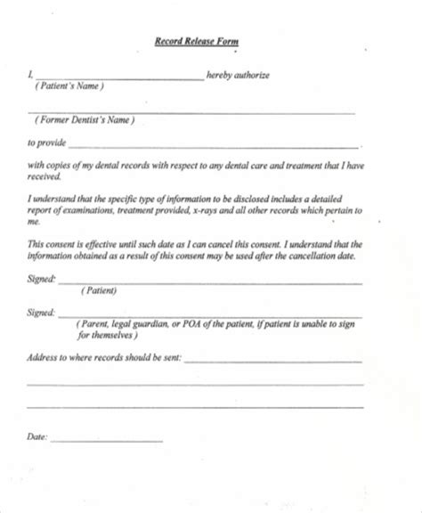 sample dental records release form  examples  word