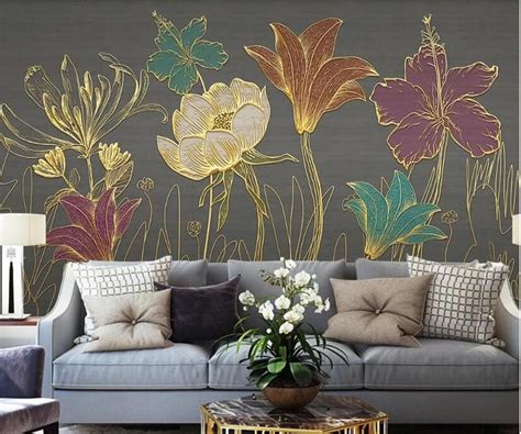 Luxury Enchased Gold Flowers Floral Wallpaper Wall Mural Etsy Luxury