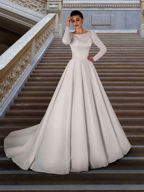 Long Sleeves Wedding Dress Elegant Style White Satin Wedding Etsy