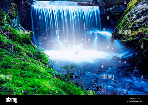 Magic River Scenery With Waterfall And Lights Fairytale