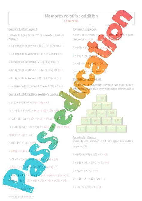 Addition Des Nombres Relatifs Exercices Avec Correction Ere