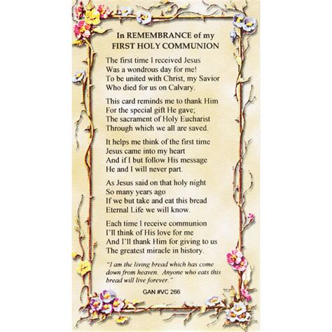 First Communion Remembrance Verse Card Gannons Prayer