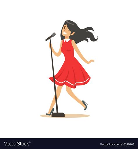 Young Beautiful Brunette Girl In Red Dress Singing