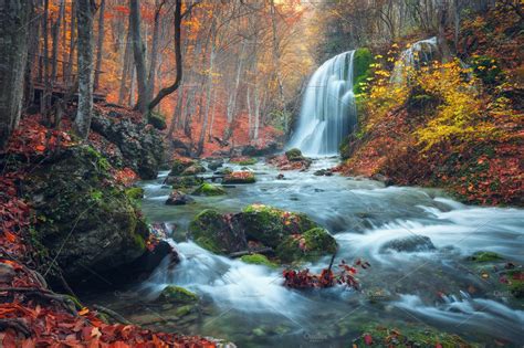 Beautiful Waterfall In Autumn Forest ~ Nature Photos ~ Creative Market
