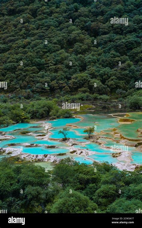 The Turquoise Color Pools In Huanglong Valley In Sichuan Province
