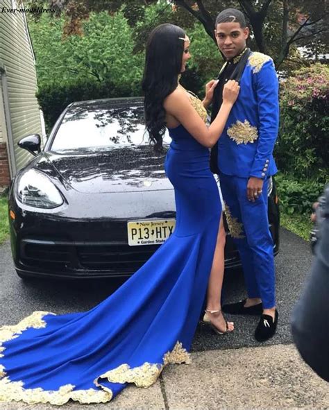 royal blue high neck mermaid prom dresses long with gold appliques african party gowns high slit