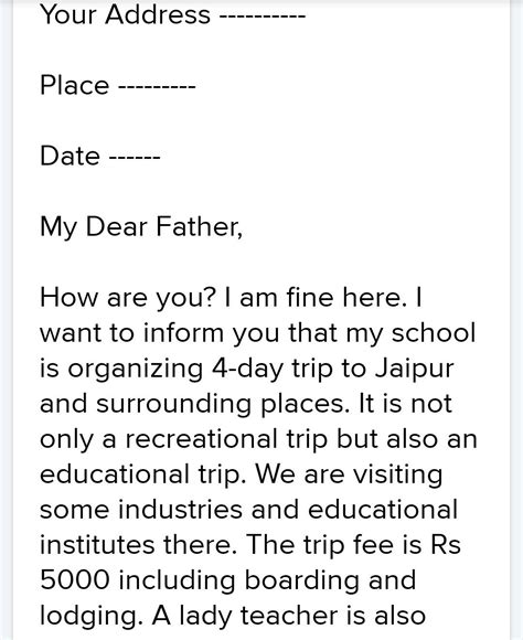I need a leave letter asking 5 days leave to attend compulsory pcp classes in b.ed course.letter format is teacher asking permission to principal. Write a letter to your father requesting him to send you ...