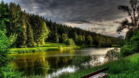 1920x1080 Wallpaper river, summer, bench, trees | Nature photography ...