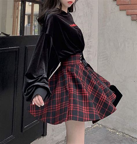 Womens High Waisted A Line Gothic Skirt Short Flare Mini Black Red Plaid Pleated Skirt