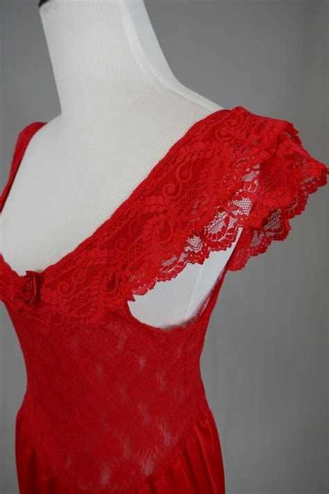 80s red nightgown sexy sheer see through lace bodic… gem