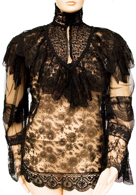 1880s Large Plus Size Victorian Black Lace Blouse Mini Dress