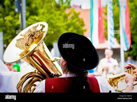 Garching Germany Tuba Player At Brass Band Open Air Concert Stock