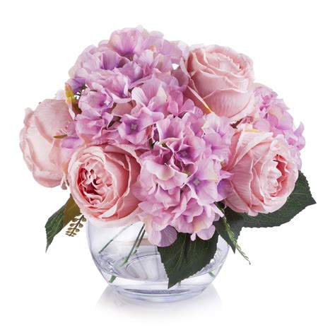 enova home artificial pink hydrangea and peony silk flowers arrangement in clear white vase with