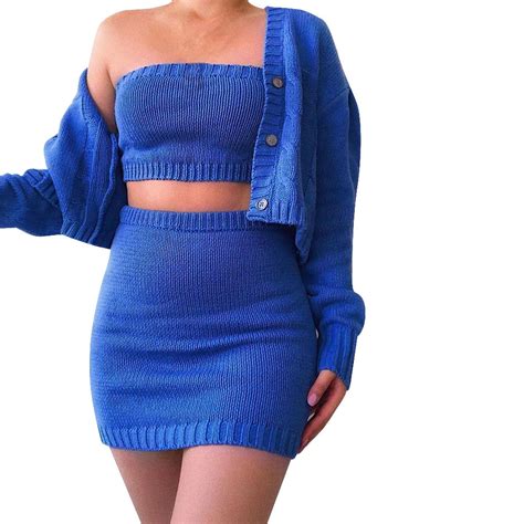 3pcs Women Sexy Knitted Outfits Autumn Winter Solid Tube Crop Top Mini Skirt Long Sleeve