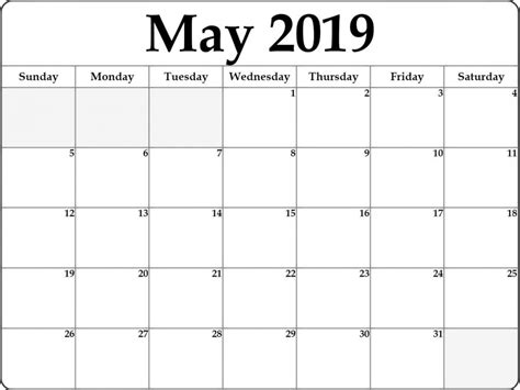 2019 May Calendar Printable Template Pdf Word Excel