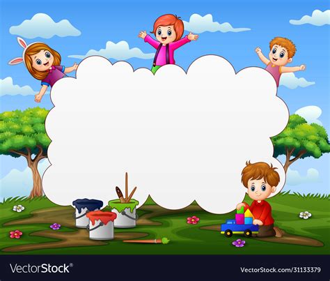 Frame Template With Happy Kids Playing On Nature Vector Image