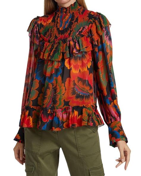 Farm Rio Synthetic Flowers Smocked Blouse In Red Lyst